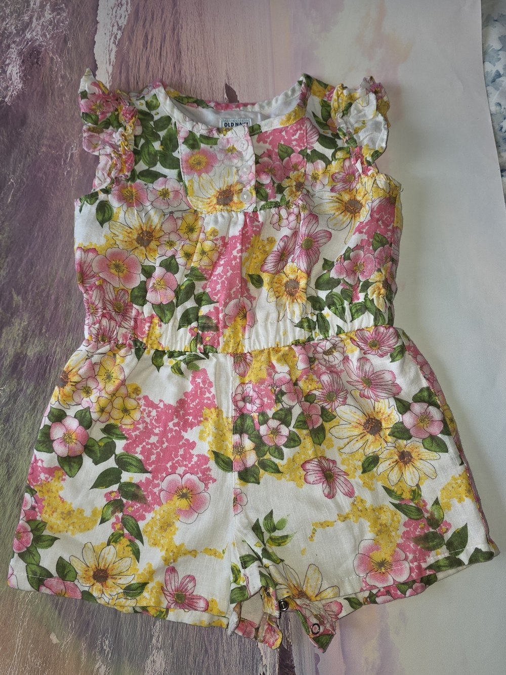 Old Navy White Floral Romper with Pink & Yellow Flowers